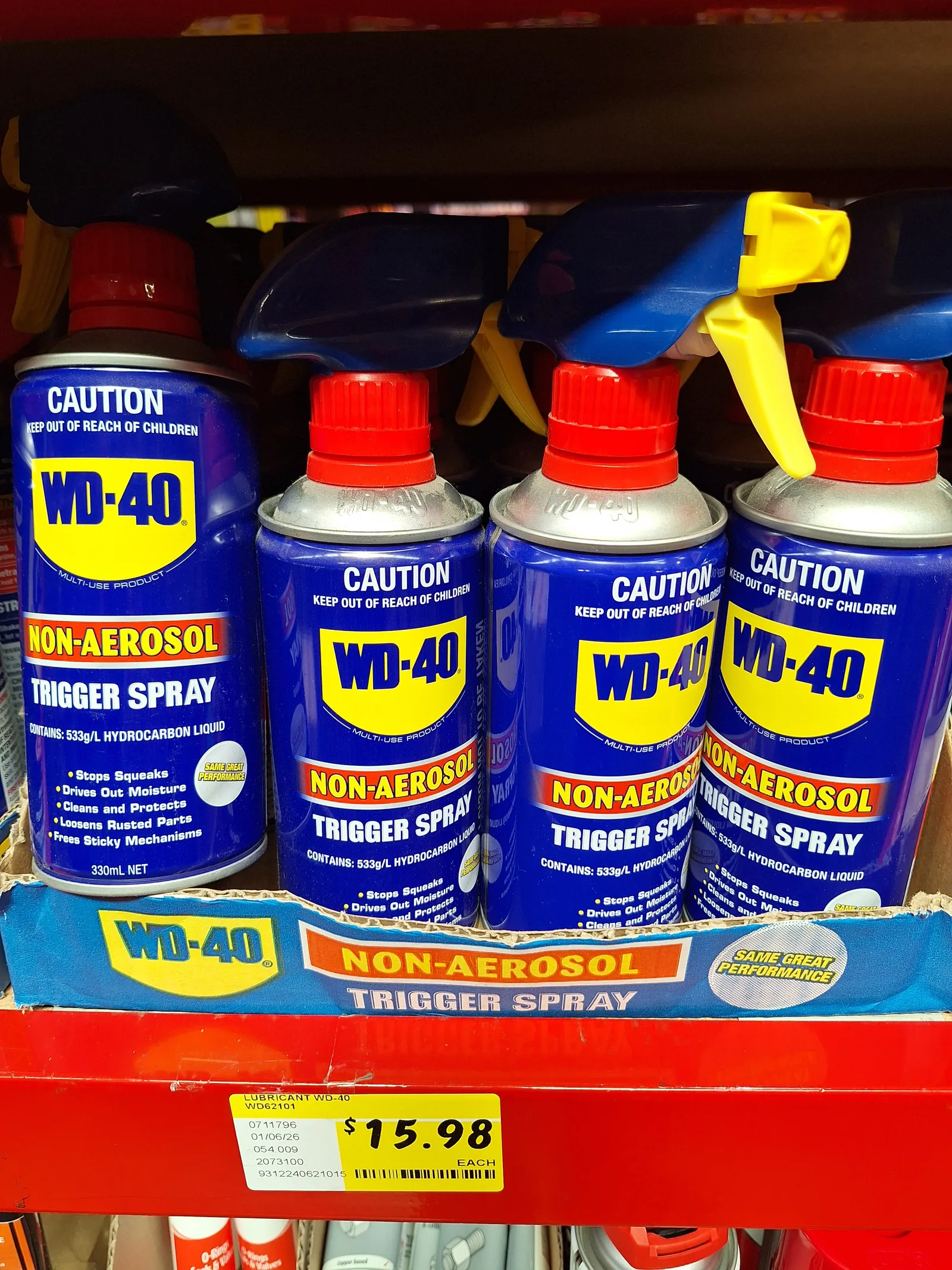 Bunnings Westgate shelf showing a WD-40 Non-Aerosol Trigger Spray 330 mL bottle priced at $15.98